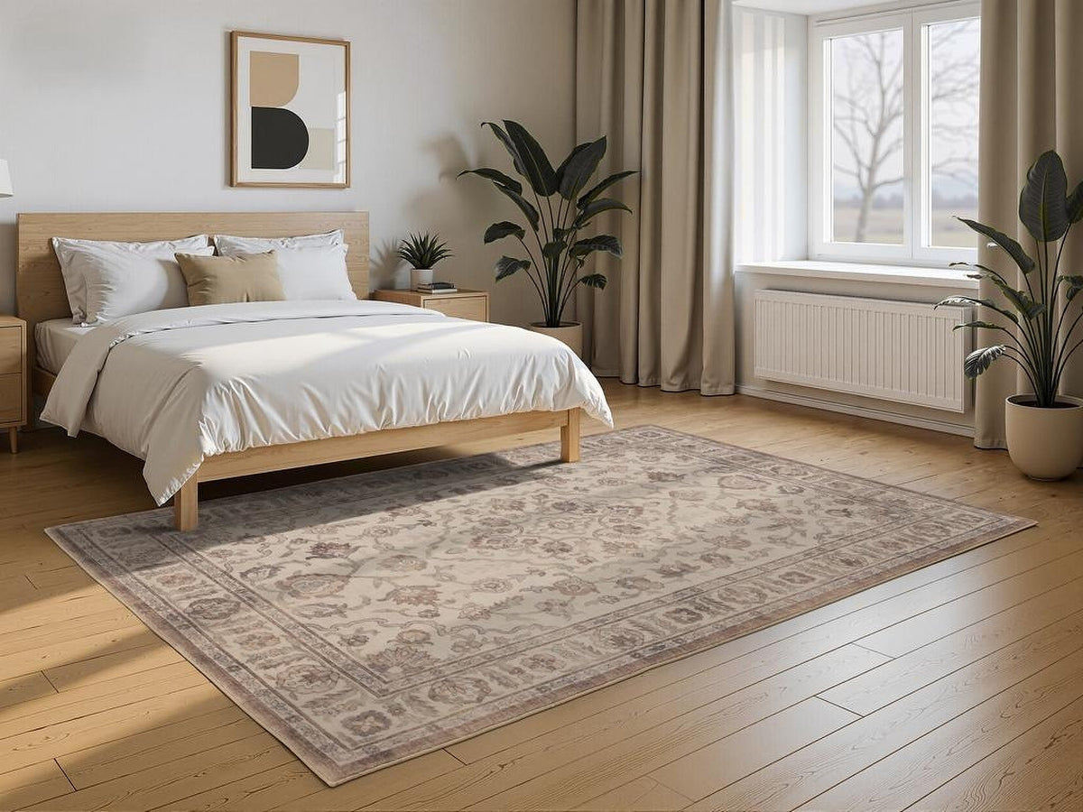 Tapis Moissac, coloris beige et terracotta, dans une pièce